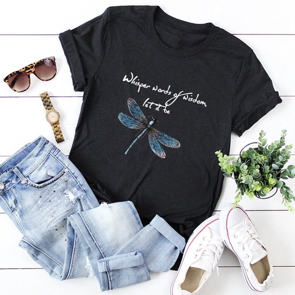 Private Label Tops - Dragonfly Whisper Words of Wisdom Let it Be Black Cotton T-shirt